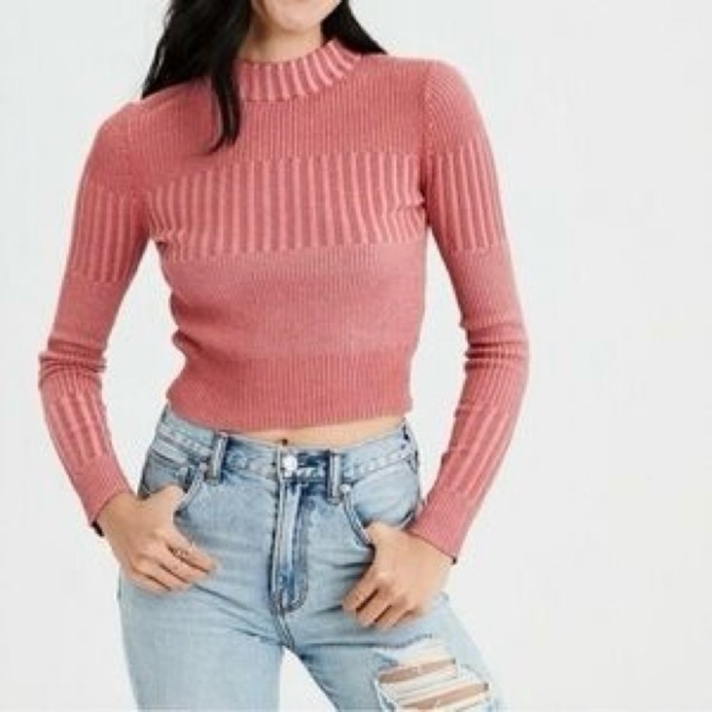 American Eagle Cropped Pink Ribbed Long Sleeve Sweater Preppy Cute Medium